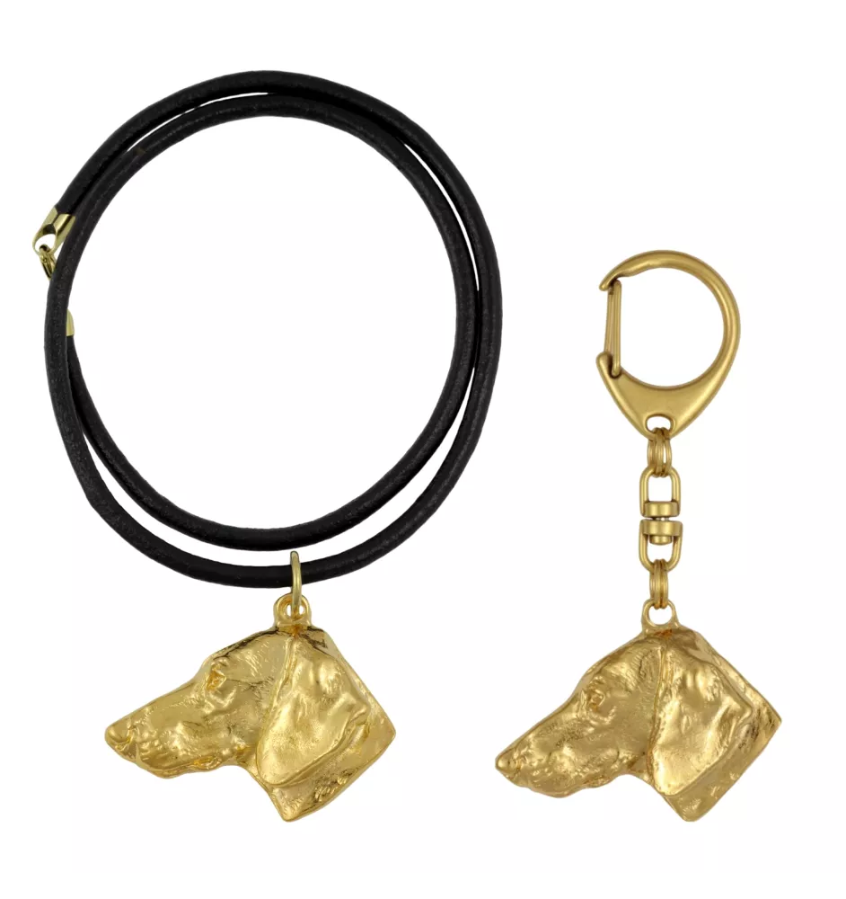 Teckel à poil dur, Chien-saucisse I - porte-clés et collier avec chien dans une boîte, produit plaqué or de haute qualité, marque Art-Dog