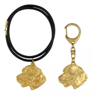Teckel à poil dur, Chien-saucisse III - porte-clés et collier avec chien dans une boîte, produit plaqué or de haute qualité, marque Art-Dog