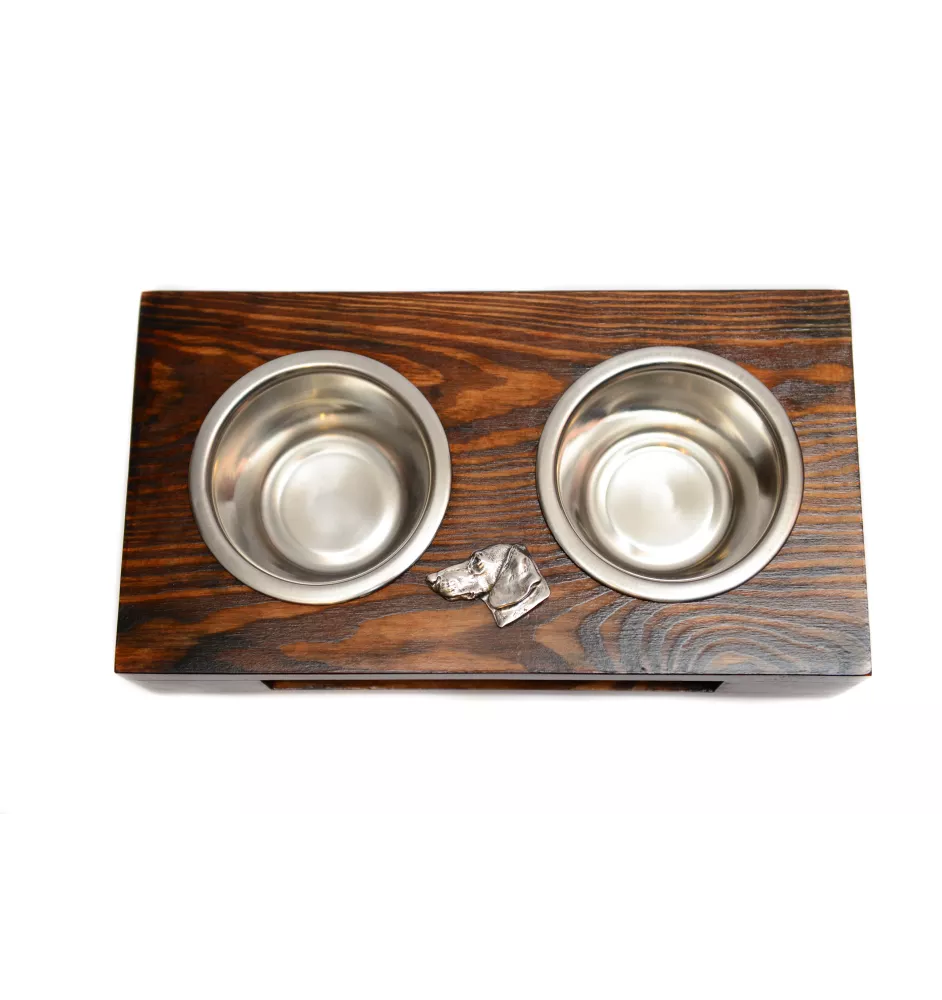 Teckel à poil dur, Chien-saucisse I - support en bois avec des bols pour chien, bols pour chien en acier, cadeau pour l'adoption d'un chien de la marque Art-Dog
