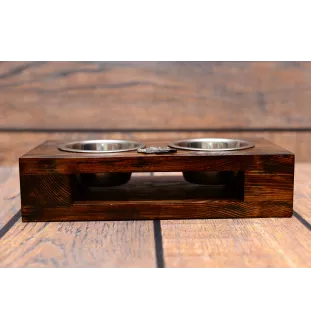 Dachshund Wire-haired, Wiener dog, Badger dog III - wooden stand with bowls for a dog, steel dog bowls, a gift for adopting a dog from the Art-Dog brand