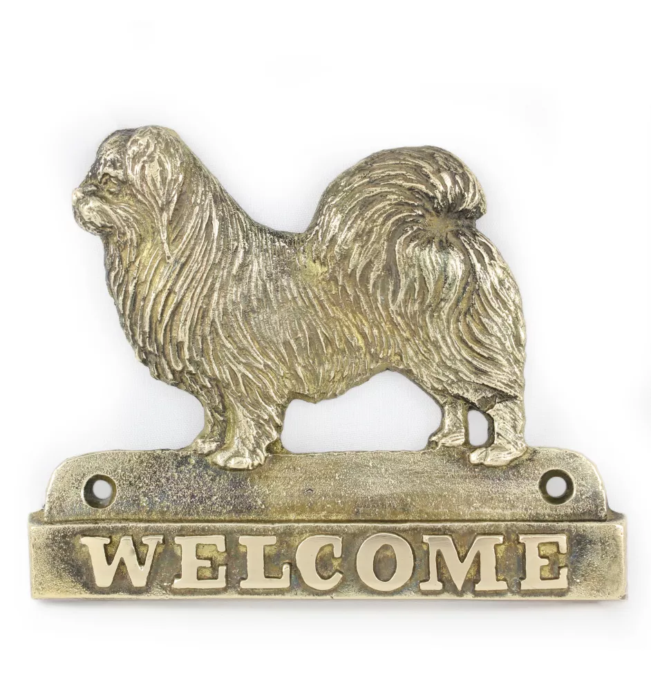 Épagneul tibétain, Épagneul du Tibet - une plaque de porte avec un chien, une plaque de bienvenue en laiton, une enseigne exceptionnelle avec l'inscription Welcome de la marque Art-Dog