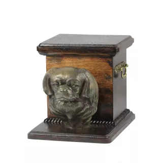 Tibet-Spaniel, Tibetan Spaniel - Eine Urne für die Asche eines Hundes mit einer Statuette, eine elegante Urne für einen Hund, eine außergewöhnliche Urne mit dem Porträt eines Hundes von der Marke Art-