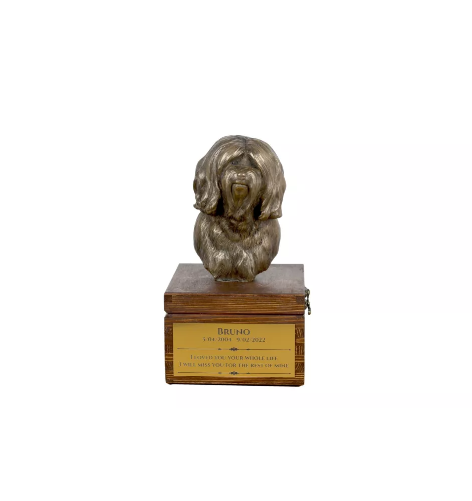 Terrier tibétain, Terrier du Tibet, Dhoki Apso - urne pour les cendres du chien avec une statuette, petite urne pour chien, urne personnalisée avec le buste du chien de la marque Art-Dog