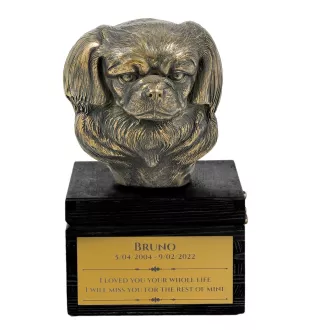 Tibet-Spaniel, Tibetan Spaniel - eine Urne mit Gravur und Hundeskulptur, letzter Abschied, handgefertigtes Produkt der Marke Art-Dog