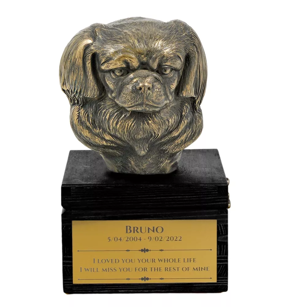 Tibet-Spaniel, Tibetan Spaniel - eine Urne mit Gravur und Hundeskulptur, letzter Abschied, handgefertigtes Produkt der Marke Art-Dog