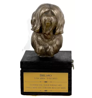 Terrier tibétain, Terrier du Tibet, Dhoki Apso - une urne avec une gravure et une sculpture de chien, un dernier adieu, un produit fait à la main de la marque Art-Dog