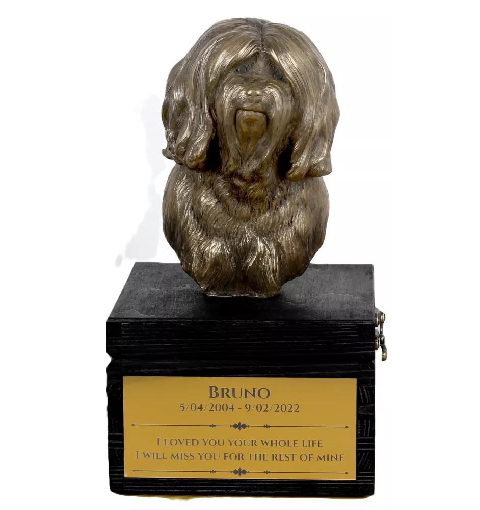 Tibetan Terrier, Tsang Apso, Dokhi Apso - an urn with an engraving and a sculpture of a dog, a handmade product by the Art-Dog brand.