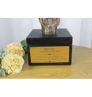 Tibetan Terrier, Tsang Apso, Dokhi Apso - an urn with an engraving and a sculpture of a dog, a handmade product by the Art-Dog brand.