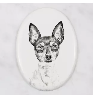Toy Fox Terrier, American Toy Terrier, Terrier américain de jouet - une plaque commémorative avec une photo de chien, une plaque funéraire avec une impression, une plaque ovale personnalisée de la mar