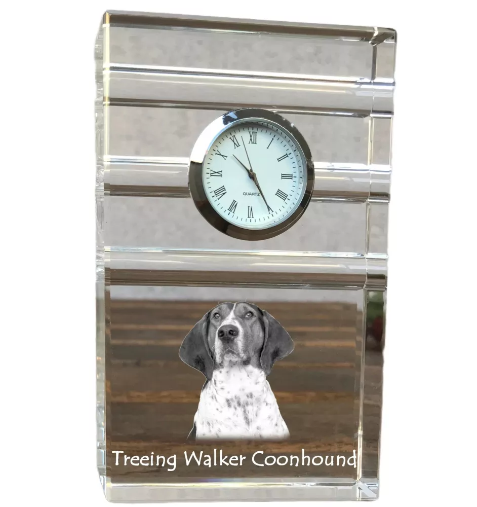 Treeing Walker Coonhound - une horloge en verre avec une photo, une photo de chien dans un cristal, une horloge de bureau personnalisée de la marque Art-Dog