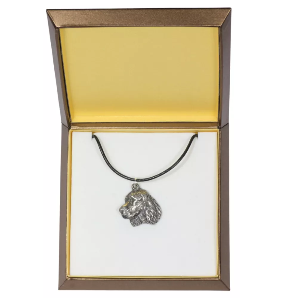 Welsh Springer Spaniel - Hundehalsband in Geschenkbox, versilbertes Medaillon für Hundefans, markanter Anhänger der Marke Art-Dog