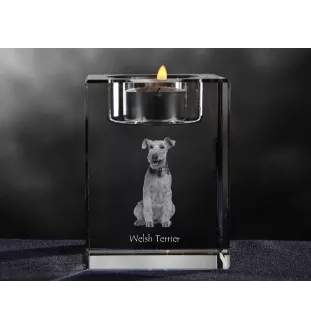 Welsh Terrier, Terrier gallois - Bougeoir avec photo de chien, porte bougie en cristal, cadeau personnalisé par la marque Art-Dog