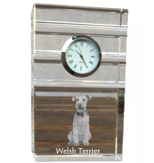 Welsh Terrier, Terrier gallois - une horloge en verre avec une photo, une photo de chien dans un cristal, une horloge de bureau personnalisée de la marque Art-Dog