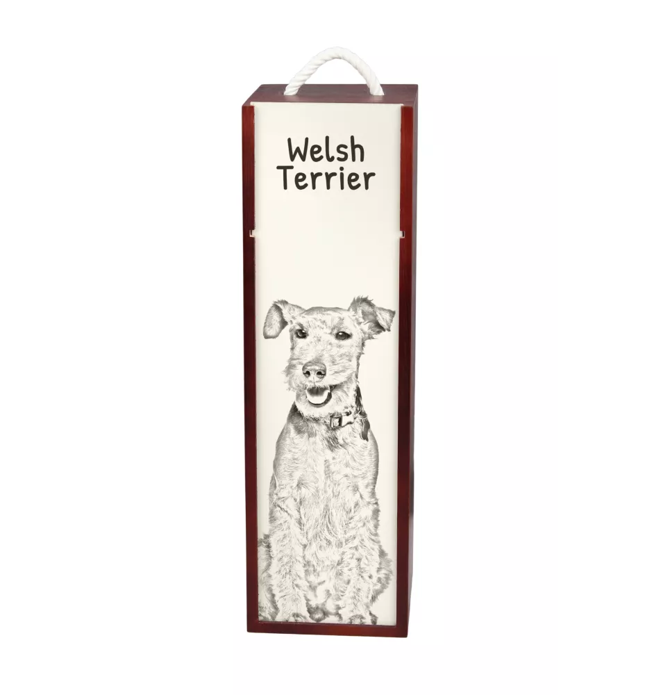 Welsh Terrier, Terrier gallois - boîte à vin avec chien, boîte à alcool avec graphisme, boîte cadeau personnalisée de la marque Art-Dog