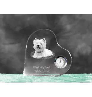 West Highland White Terrier, Westie, Westy - crystal clock with a dog picture, heart-shaped shelf clock, personalized standing clock by Art-Dog brand