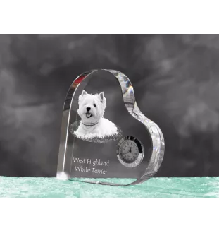 West Highland White Terrier, Weißer Hochlandterrier, Westie - Kristalluhr mit einem Hundebild, Herzregal-Uhr, personalisierte Standuhr der Marke Art-Dog