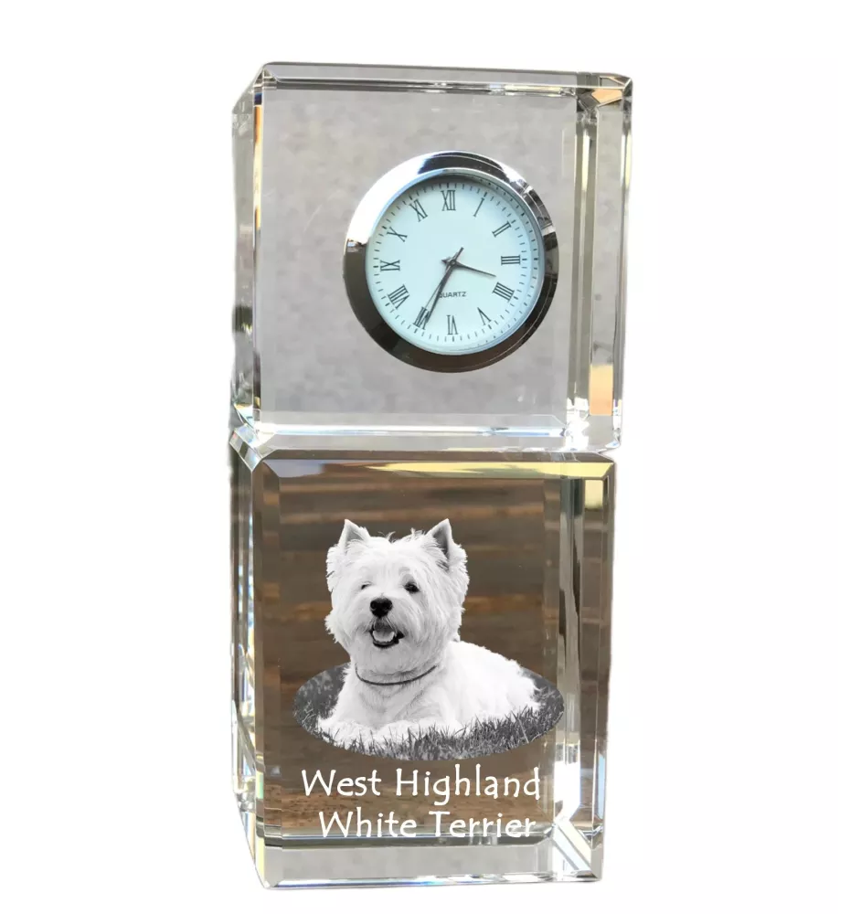 West Highland White Terrier, Westie, Westy - crystal clock with a photo, a photo of a dog in crystal, personalized desk clock by Art-Dog brand