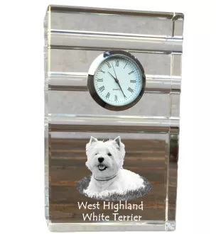 West Highland White Terrier, Weißer Hochlandterrier, Westie - Glasuhr mit Foto, Foto eines Hundes im Kristall, personalisierte Tischuhr für das Büro der Marke Art-Dog