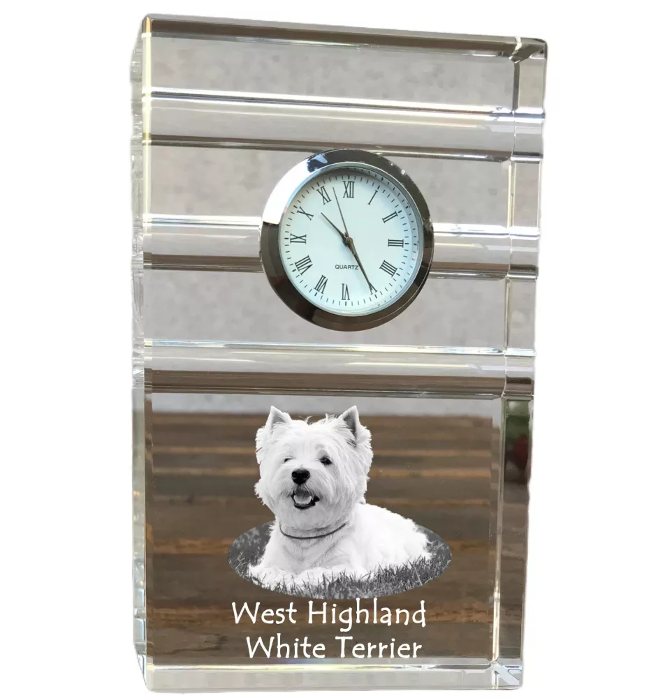 West Highland White Terrier, Westie, Westy - glass clock with a photo, photo of a dog in crystal, personalized standing office clock by Art-Dog brand