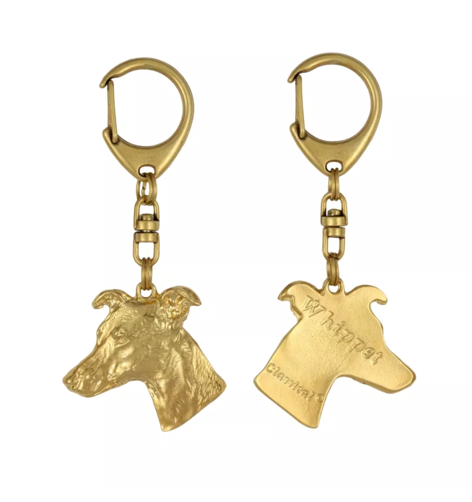 Whippet, Lévrier whippet - Porte-clés doré avec chien dans boîte cadeau, décoration de sac à main, accessoire de luxe de la marque Art-Dog