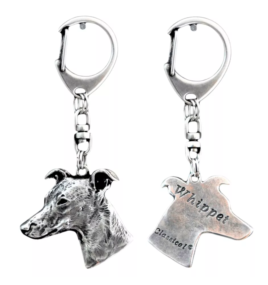 Whippet, Lévrier whippet - Porte-clés argenté avec un chien dans une boîte cadeau, décoration de sac à main, pendentif de sac à dos par la marque Art-Dog