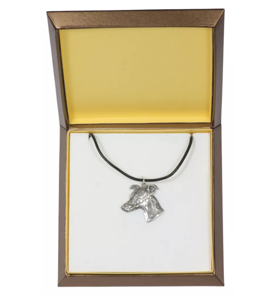 Whippet, Kleiner Englischer Windhund - Hundehalsband in Geschenkbox, versilbertes Medaillon für Hundefans, markanter Anhänger der Marke Art-Dog