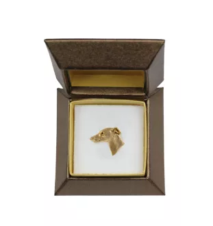 Whippet, Kleiner Englischer Windhund - Hundebrosche in dekorativer Box, elegante vergoldete Anstecknadel, Jackenbrosche der Marke Art-Dog