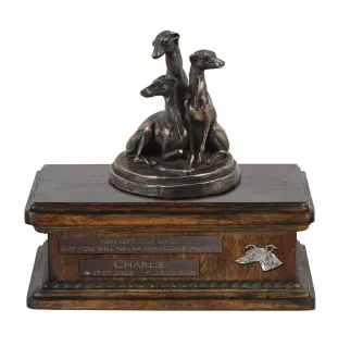 Whippet - urn for dog ashes, personalized urn with a statue, wooden urn with a dog by Art-Dog brand