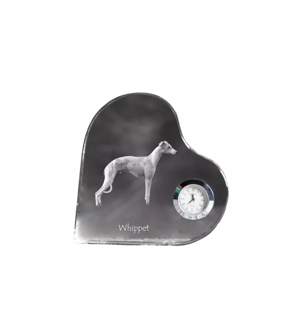 Whippet - crystal clock with a dog picture, heart-shaped shelf clock, personalized standing clock by Art-Dog brand