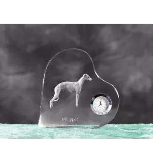Whippet - crystal clock with a dog picture, heart-shaped shelf clock, personalized standing clock by Art-Dog brand