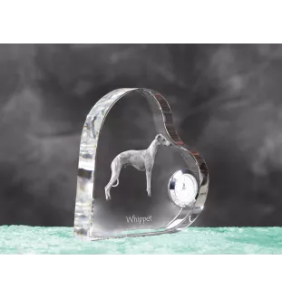 Whippet - crystal clock with a dog picture, heart-shaped shelf clock, personalized standing clock by Art-Dog brand