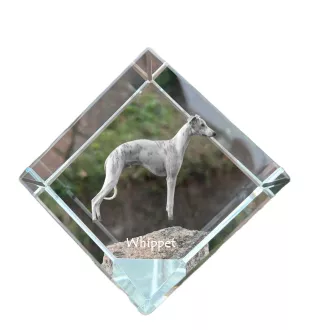 Whippet, Kleiner Englischer Windhund - Kristallwürfel mit Bild, Pferdebild im Kristall, sechseckiger Papierclip der Marke Art-Dog