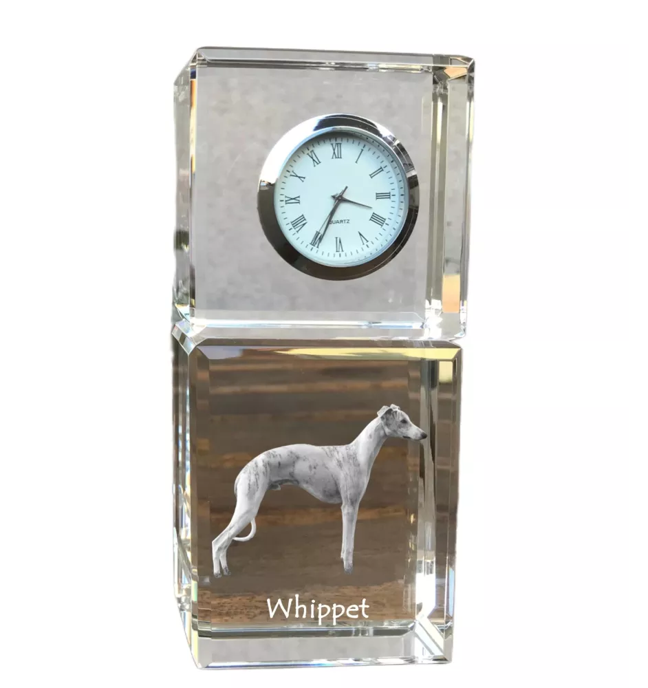 Whippet, Kleiner Englischer Windhund - Kristalluhr mit Foto, Hundebild im Kristall, personalisierte Schreibtischuhr von Art-Dog.