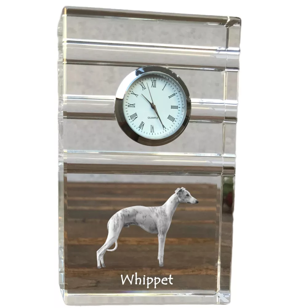 Whippet - glass clock with a photo, photo of a dog in crystal, personalized standing office clock by Art-Dog brand