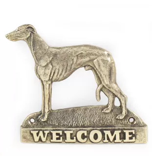 Whippet, Lévrier whippet - une plaque de porte avec un chien, une plaque de bienvenue en laiton, une enseigne exceptionnelle avec l'inscription Welcome de la marque Art-Dog