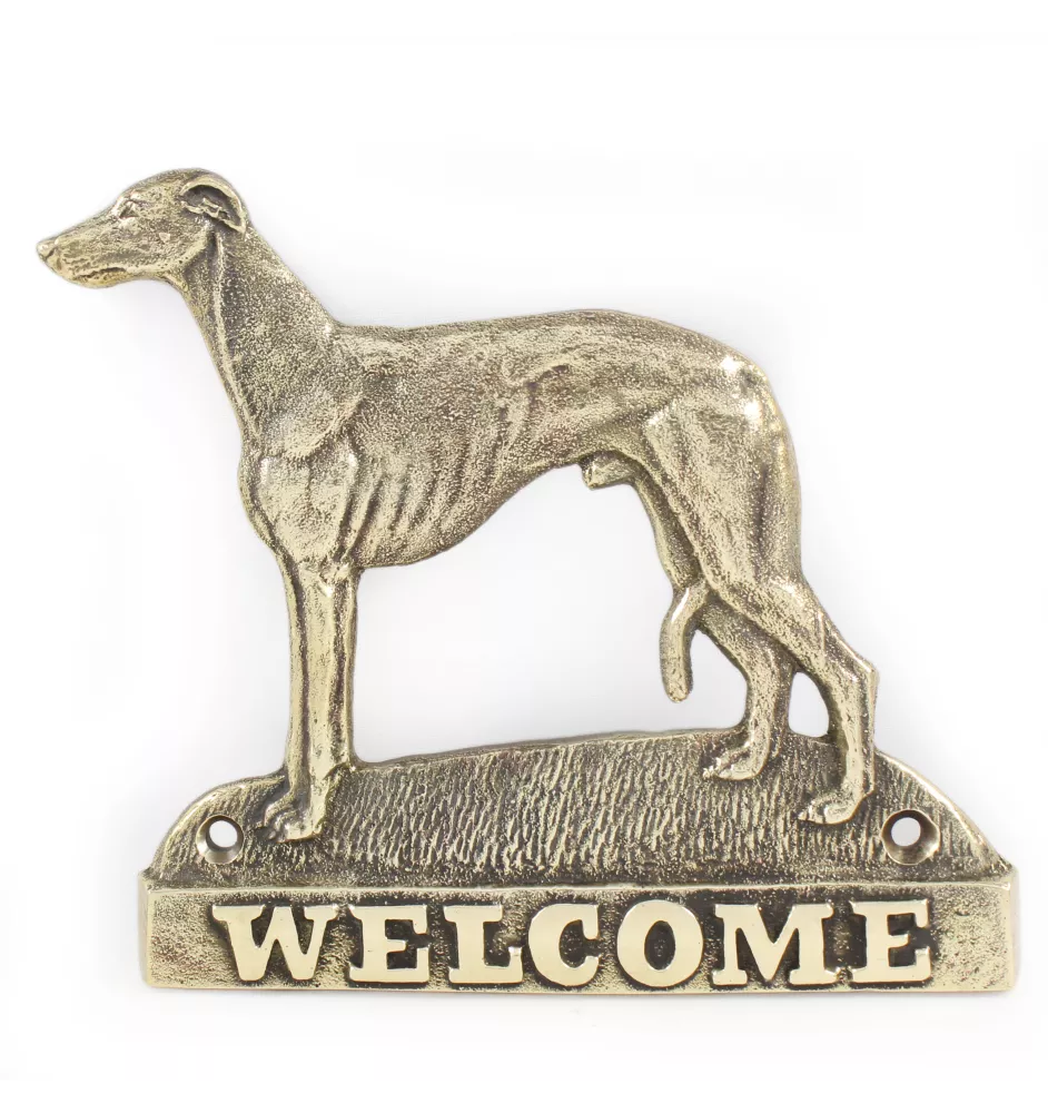 Whippet, Lévrier whippet - une plaque de porte avec un chien, une plaque de bienvenue en laiton, une enseigne exceptionnelle avec l'inscription Welcome de la marque Art-Dog