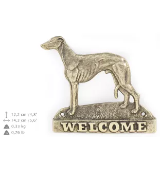 Whippet, Lévrier whippet - une plaque de porte avec un chien, une plaque de bienvenue en laiton, une enseigne exceptionnelle avec l'inscription Welcome de la marque Art-Dog