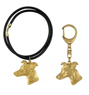 Whippet - keychain and necklace with a dog in a box, high-quality gold-plated product, Art-Dog brand