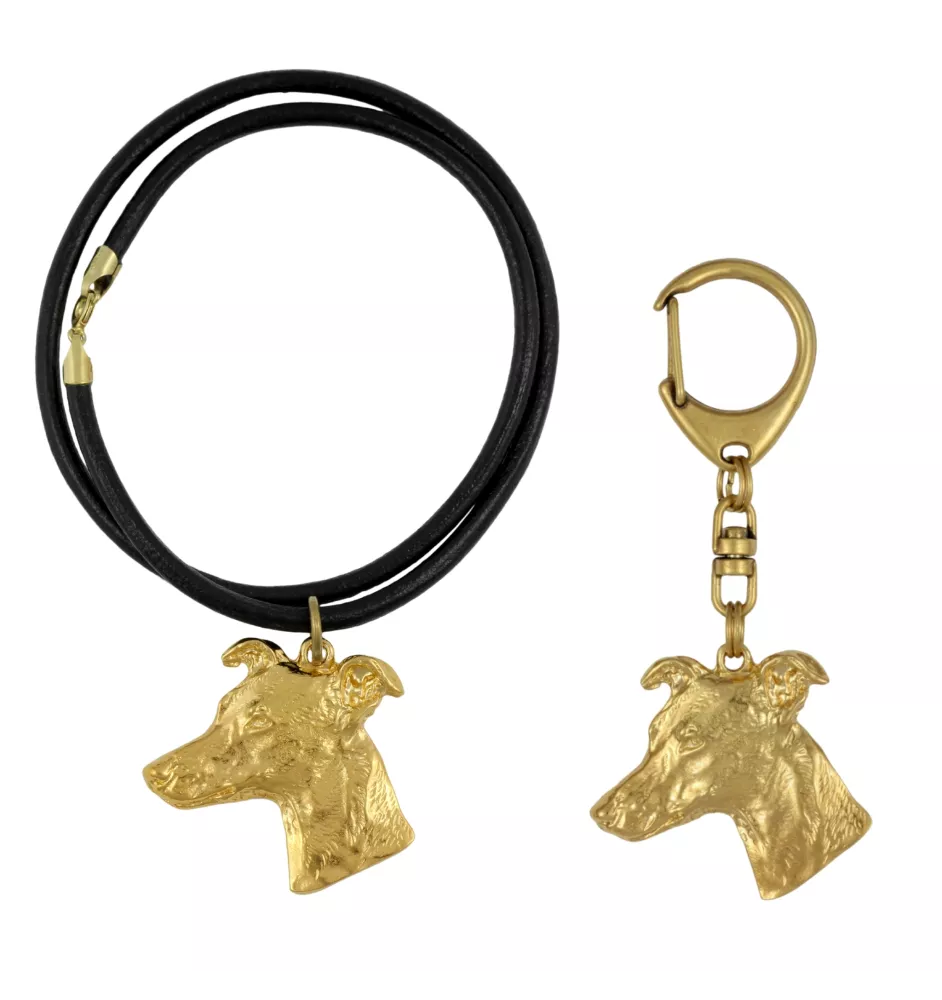 Whippet - keychain and necklace with a dog in a box, high-quality gold-plated product, Art-Dog brand