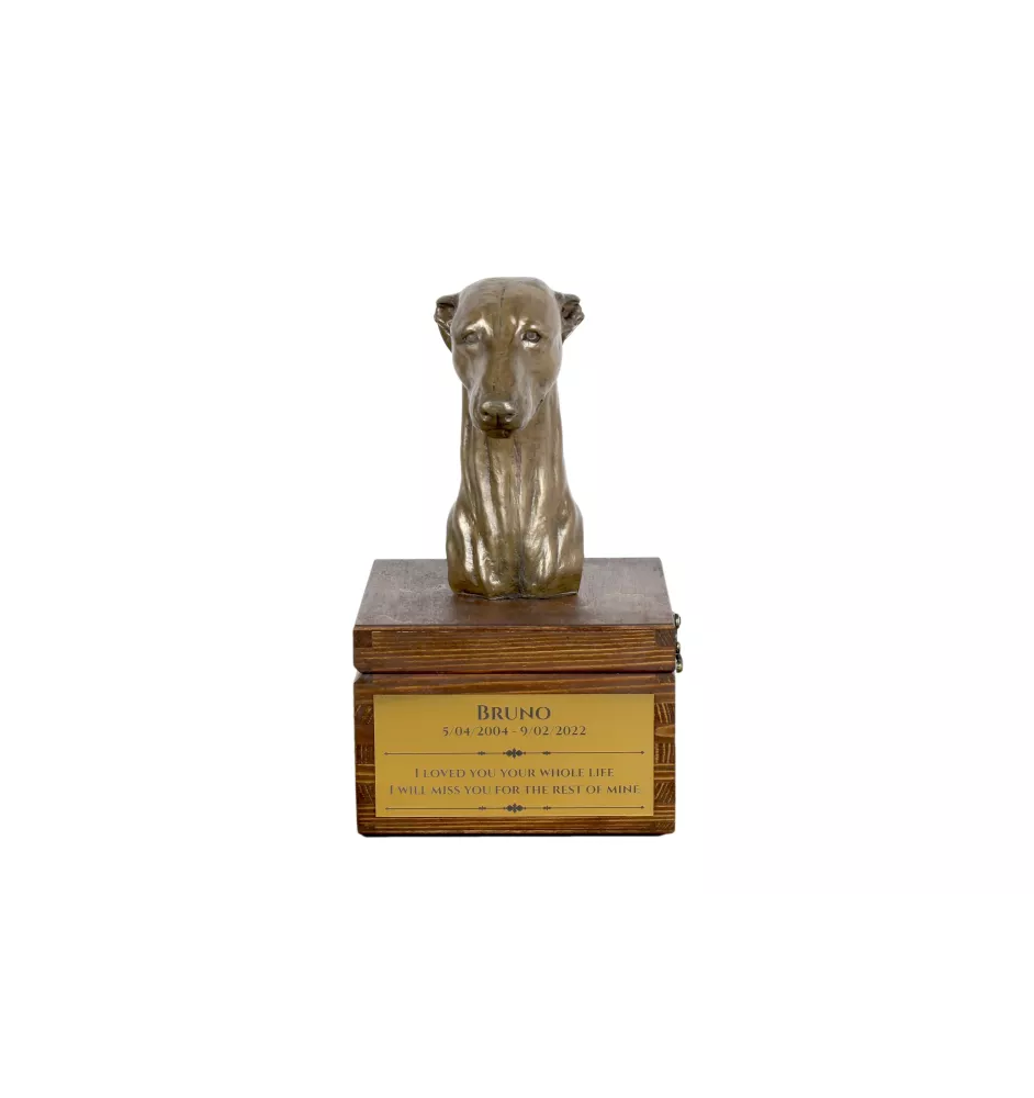 Whippet, Kleiner Englischer Windhund - Eine Ascheurne für Hunde mit einer Statuette, eine kleine Urne für Hunde, eine personalisierte Urne mit dem Porträt eines Hundes von der Marke Art-Dog.