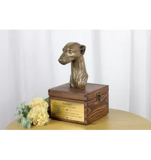 Whippet, Kleiner Englischer Windhund - Eine Ascheurne für Hunde mit einer Statuette, eine kleine Urne für Hunde, eine personalisierte Urne mit dem Porträt eines Hundes von der Marke Art-Dog.