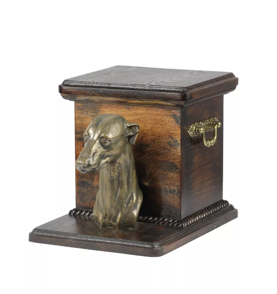 Whippet, Kleiner Englischer Windhund - Eine Urne für die Asche eines Hundes mit einer Statuette, eine elegante Urne für einen Hund, eine außergewöhnliche Urne mit dem Porträt eines Hundes von der Mark