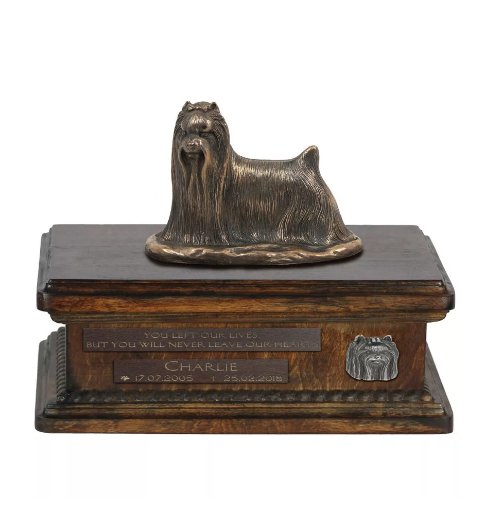 Yorkshire Terrier, Yorkie II - urn for dog ashes, personalized urn with a statue, wooden urn with a dog by Art-Dog brand