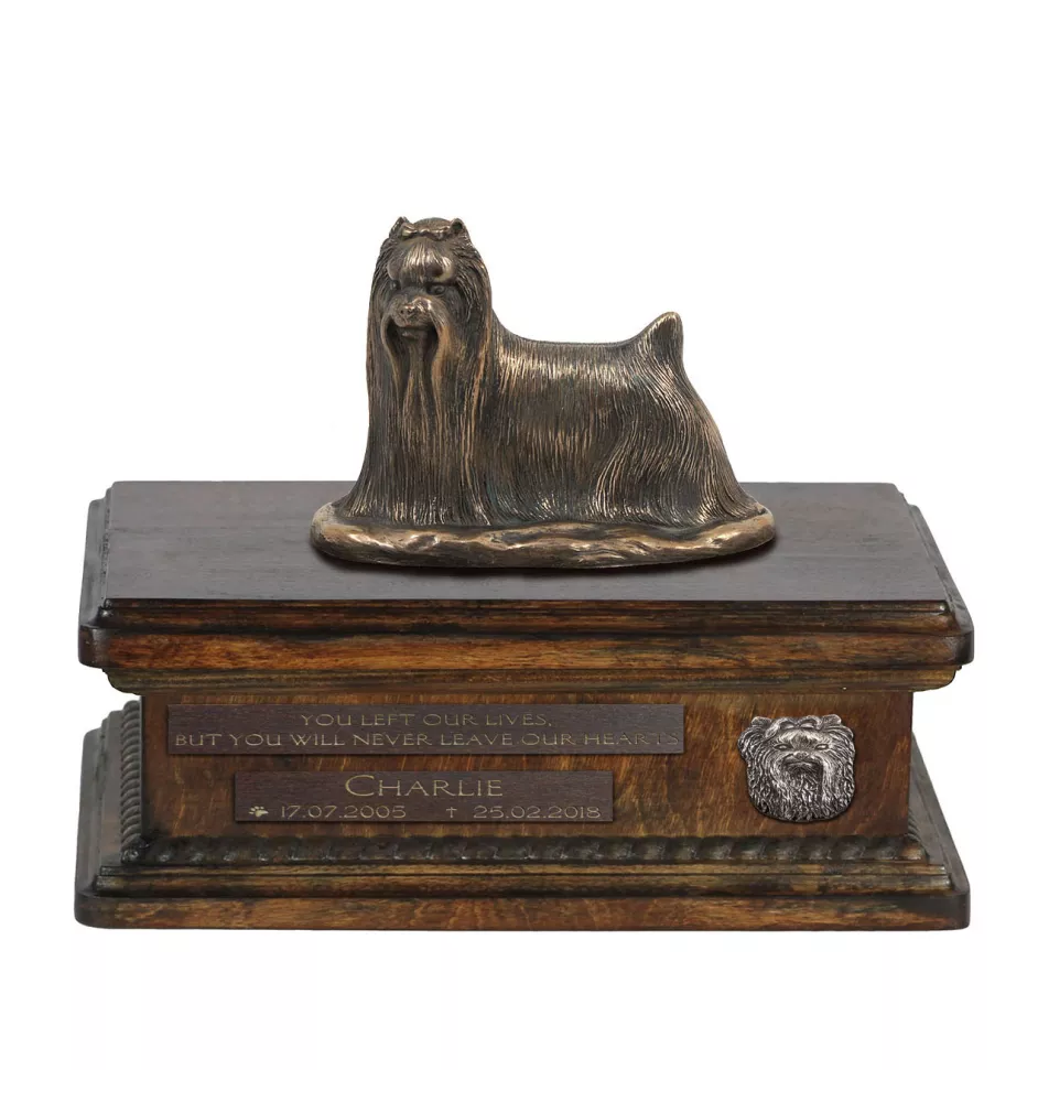 Yorkshire Terrier, Terrier Du Yorkshire, York - urne pour cendres de chien, urne personnalisée avec une statuette, urne en bois avec un chien de la marque Art-Dog
