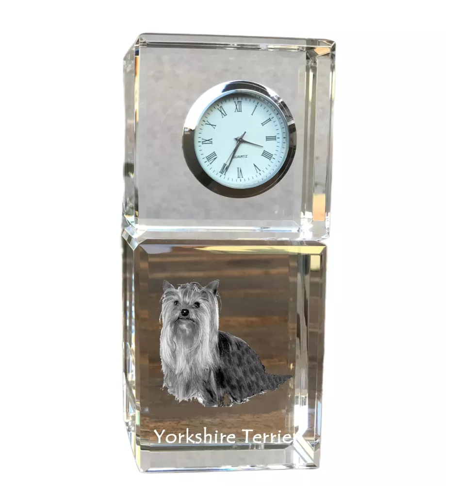 Yorkshire Terrier - Kristalluhr mit Foto, Hundebild im Kristall, personalisierte Schreibtischuhr von Art-Dog.