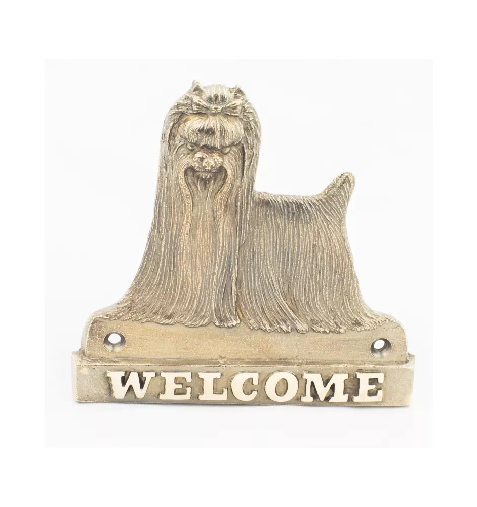 Yorkshire Terrier, Terrier Du Yorkshire, York - une plaque de porte avec un chien, une plaque de bienvenue en laiton, une enseigne exceptionnelle avec l'inscription Welcome de la marque Art-Dog