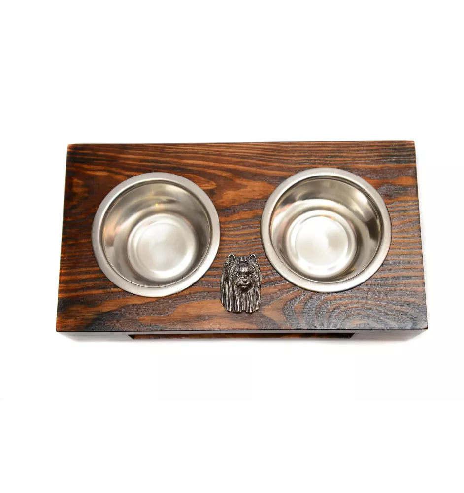 Yorkshire Terrier, Yorkie III - wooden stand with bowls for a dog, steel dog bowls, a gift for adopting a dog from the Art-Dog brand