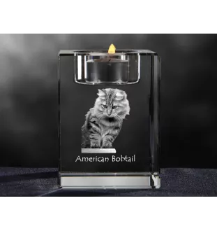 Bobtail américain - Bougeoir avec photo de chat, porte bougie en cristal, cadeau personnalisé par la marque Art-Dog