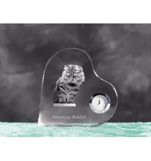 American Bobtail - crystal clock with a picture of a cat, heart-shaped shelf clock, personalized standing clock by Art-Dog brand