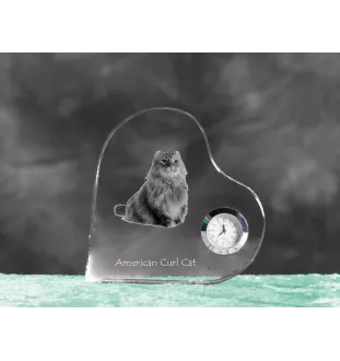 American Curl Cat - crystal clock with a picture of a cat, heart-shaped shelf clock, personalized standing clock by Art-Dog brand